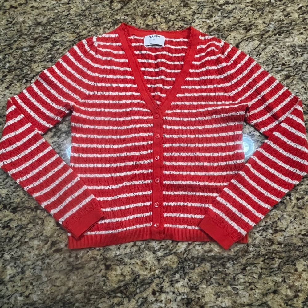 Old Navy‎ SoSoft Lite Red White Striped Pointelle Cardigan Sweater Womens Medium